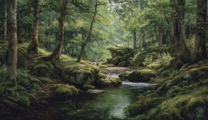 Obraz premium Serene forest stream flows through mossy rocks and lush green trees, sunlight filtering through the canopy