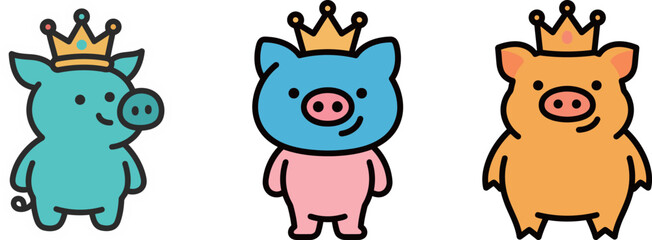 A group of three colorful and cute cartoon pigs wearing golden crowns, perfect for children's fantasy and animal themes.