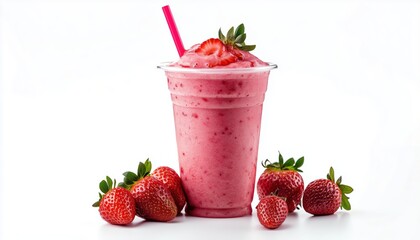Delicious Strawberry Smoothie Served In A Plastic Cup On A White Background, Perfect For A Refreshing Summer Treat.