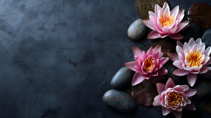 Top view of lotus flowers on a dark moody background for zen inspired spa or wellness treatments