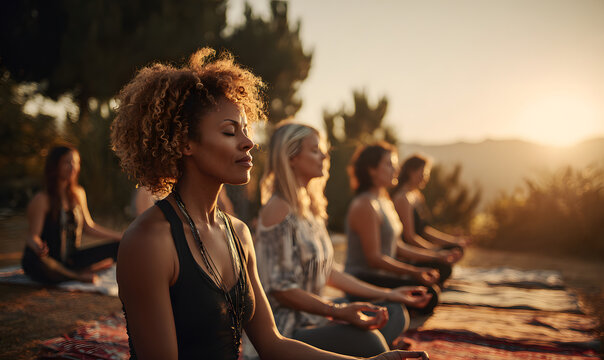diverse group of women meditating in nature at sunset, finding inner peace and harmony in a serene outdoor setting. - Powered by Adobe