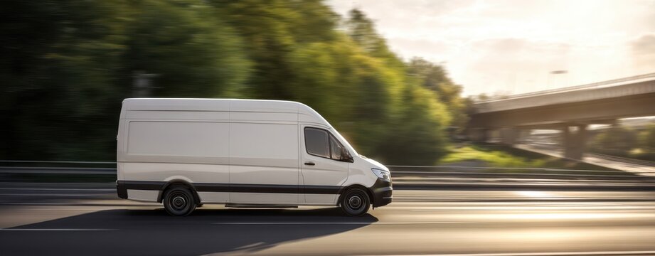 The White Delivery Van Driving Fast on Urban Highway at Sunset