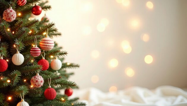 Cozy christmas tree decorated with warm fairy lights and handmade knitted ornaments on the left against creamy off white background with soft blurred bokeh. Festive holiday atmosphere