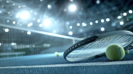 Tennis racket and ball on a court in an indoor arena.