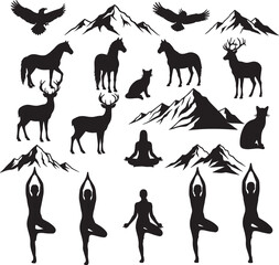 A black vector silhouette set of running wild animals with a pyramid design