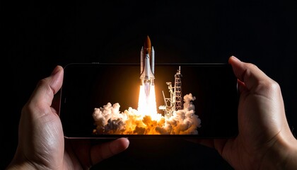 A smartphone held horizontally in a person’s hand with a space shuttle launching from its center, flames and smoke erupting dramatically; cinematic lighting, surreal tech-inspired concept