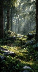 Obraz premium Sunbeams pierce a misty, moss-covered forest floor, illuminating rocks and lush ferns amongst ancient trees