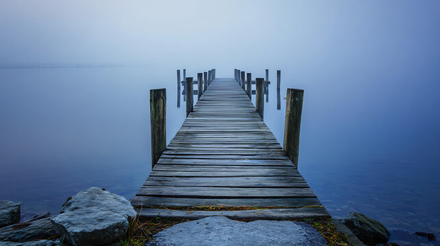 Calm wooden pier extending into foggy waters at dawn near peaceful lake - Powered by Adobe