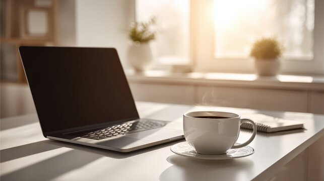Laptop and a steaming cup of coffee on a bright, sunlit desk, symbolizing a productive morning work session or a relaxed home office environment