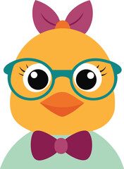 Cute cartoon chick wearing glasses and a bow tie