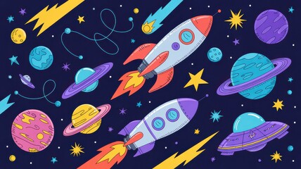 Hand Drawn Outer Space Doodle Set with Rockets Planets UFOs Stars and Comets - Cosmic Vector Illustrations