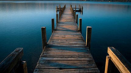 Serene wooden dock stretching over calm lake waters at sunrise near a tranquil shoreline