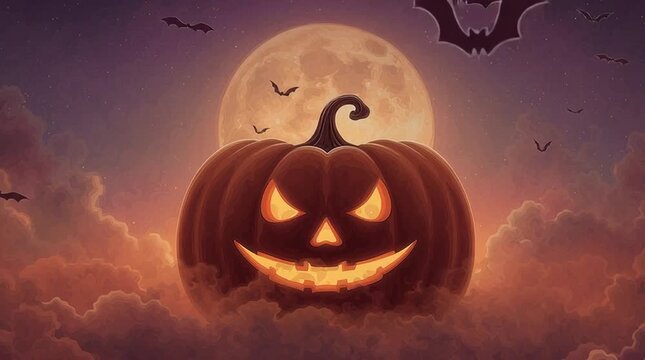 Citrouille d&rsquo;Halloween lumineuse avec visage sculpt&eacute; et pleine lune