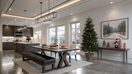 Fototapeta premium Realistic Modern USA dining room, festive table setting and seasonal decor in cool whites with silver accents hues