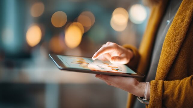 Closeup of a persons hands using a tablet computer, interacting with the touchscreen in a softly lit, blurred background environment