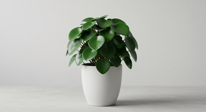 Vibrant Pilea Peperomioides, an essential air-purifying indoor plant, elegantly poised in a white pot, bringing lush green beauty to modern minimalist decor