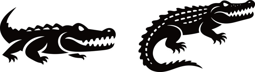 A pair of two stylized black and white illustrations of fierce crocodiles or alligators, showcasing their powerful jaws.