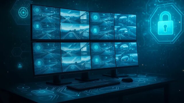 Surveillance system with multiple monitors displaying security camera feeds and digital data for monitoring and protection.