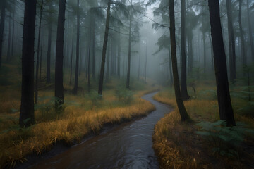 Landscape of a dark forest in the middle of Dark river fog coniferous trees