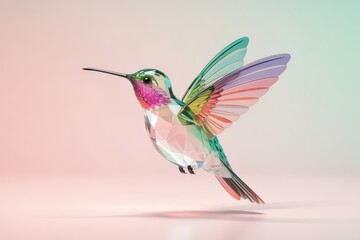 Fototapeta premium Geometric Faceted Crystal Hummingbird Figurine Hovering Mid Air Colorful Low Poly Bird Sculpture Pink Green Purple Glass Art 3D Render