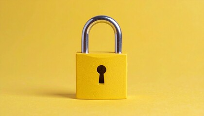 Naklejka premium Yellow padlock with black keyhole on solid yellow background in minimal security concept