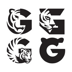 Four Distinct Tiger Letter G Logo Designs in Black and White for Branding Concepts and Graphic Design Elements