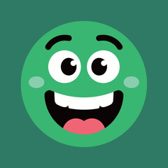 A close-up, simple cartoon illustration of a happy green face with a wide, toothy smile and big eyes, a perfect emoji for social media.