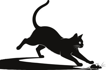 A stylized black and white illustration of a cat pouncing on a mouse, a dynamic and classic scene in a minimalist style.