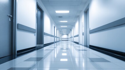 Obraz premium A clean, modern hospital corridor with polished floors and bright lighting, showcasing empty rooms