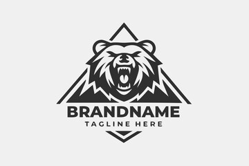 Roaring Bear Head with Mountain in Triangle on White Background