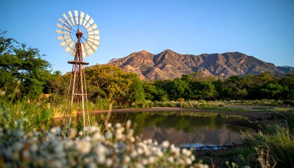 Rustic windmill by a tranquil pond, mountains in the background