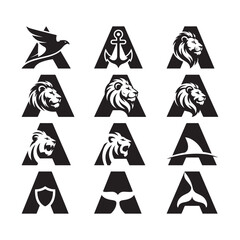 Variety of black and white logos with different animal nautical and security themes and the letter A