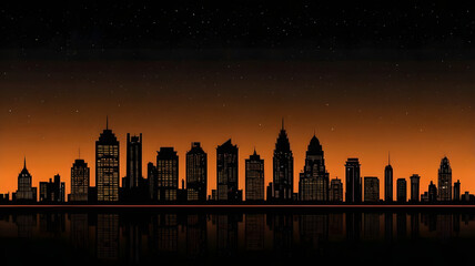 Dark silhouettes of buildings bats at sunset sky