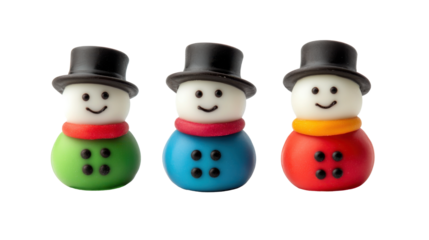Three cute smiling snowmen with black top hats and colorful scarves, made of chocolate with glaze, transparent background, product photography.