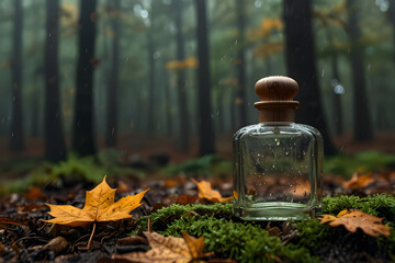 Glass bottle for cosmetic or perfume products in autumn forest among fallen leaves 