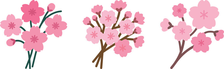 A set of three different illustrations of beautiful pink cherry blossoms, symbolizing spring, beauty, and renewal.