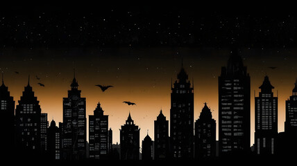 Dark silhouettes of buildings bats at sunset sky