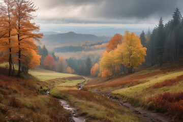 Autumn cloudy landscape trees covered with golden foliage slope