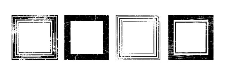 Four Distressed Black Square Frames: Grunge Border Icons for Design