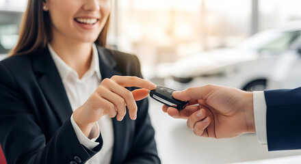 Happy Customer Receiving Car Keys at Dealership