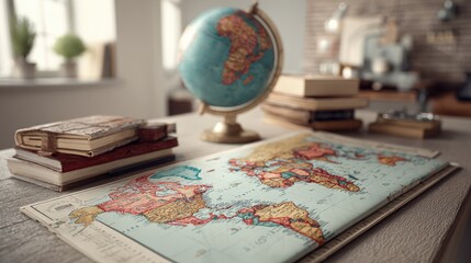 A vintage globe and an open world map lie on a table with books, suggesting education and travel