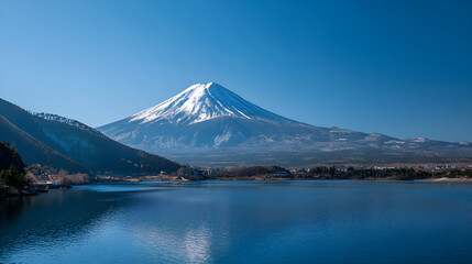 Mount fuji reflecting in lake kawaguchiko with blue sky in winter
