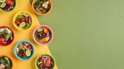 Fototapeta premium Assortment Of Healthy Salad Bowls Top Down Flat Lay On Split Yellow Green Background With Copy Space Mixed Greens Vegetables Grains Healthy Lunch Options
