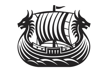 Viking Drakkar Boat with Dragon Heads, Black and White Nautical on White