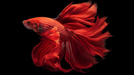 Fototapeta premium Red betta fish flaunting its flowing fins on black background