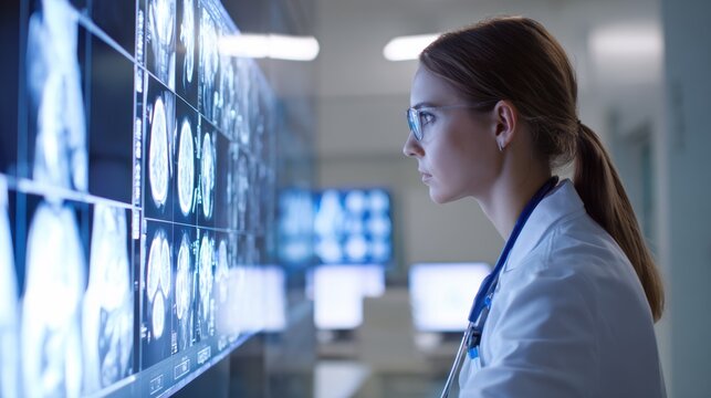 Female medical professional analyzing X-ray images in a modern healthcare facility, focused on diagnostics - Powered by Adobe