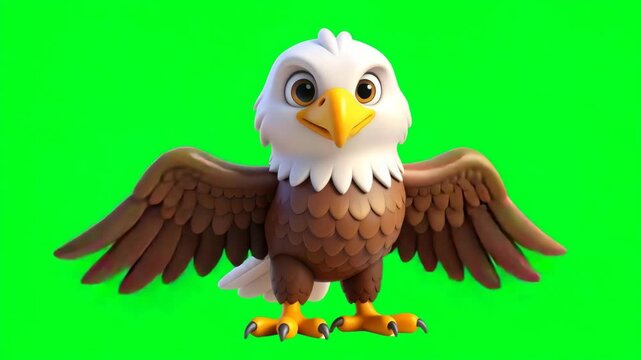 A cartoon eagle with brown wings and white head stands against a green backdrop, its feathers spread wide in a welcoming gesture.