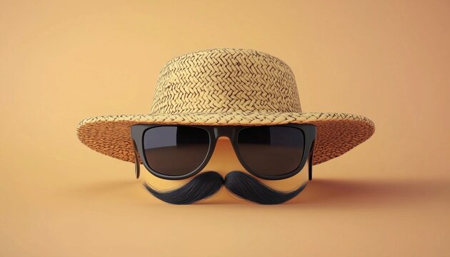 Stylish Ensemble: Straw Hat, Mustaches, And Sunglasses - A Unique Combination Of Accessories For A Fashion-Forward Look On A Sunny Day.