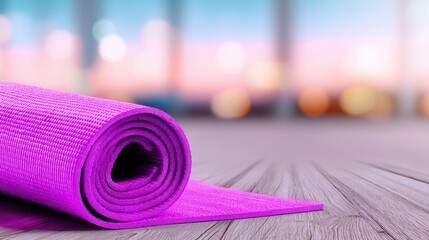 A rolled purple yoga mat on a wooden floor with a blurred background of a tranquil sunset scene