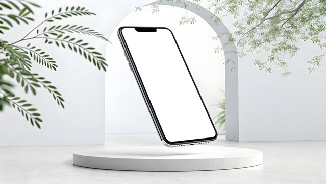 A minimal, modern smart phone on a white stand with a clean, bright backdrop